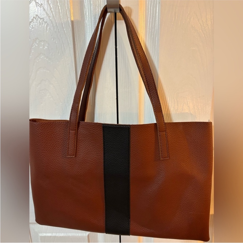 VINCE CAMUTO Pebble All Leather Tote bag Purse Brown/Black - Picture 4 of 9